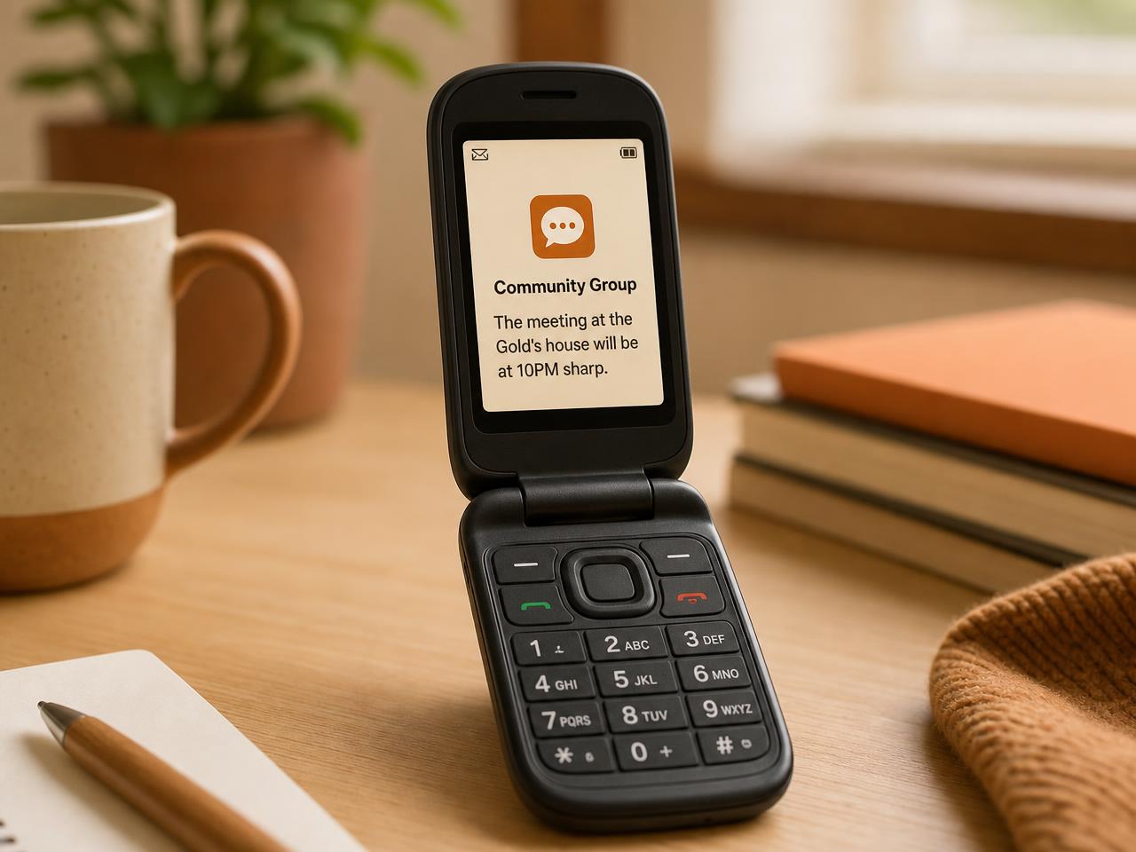 A flip phone on a desk showing an incoming text message